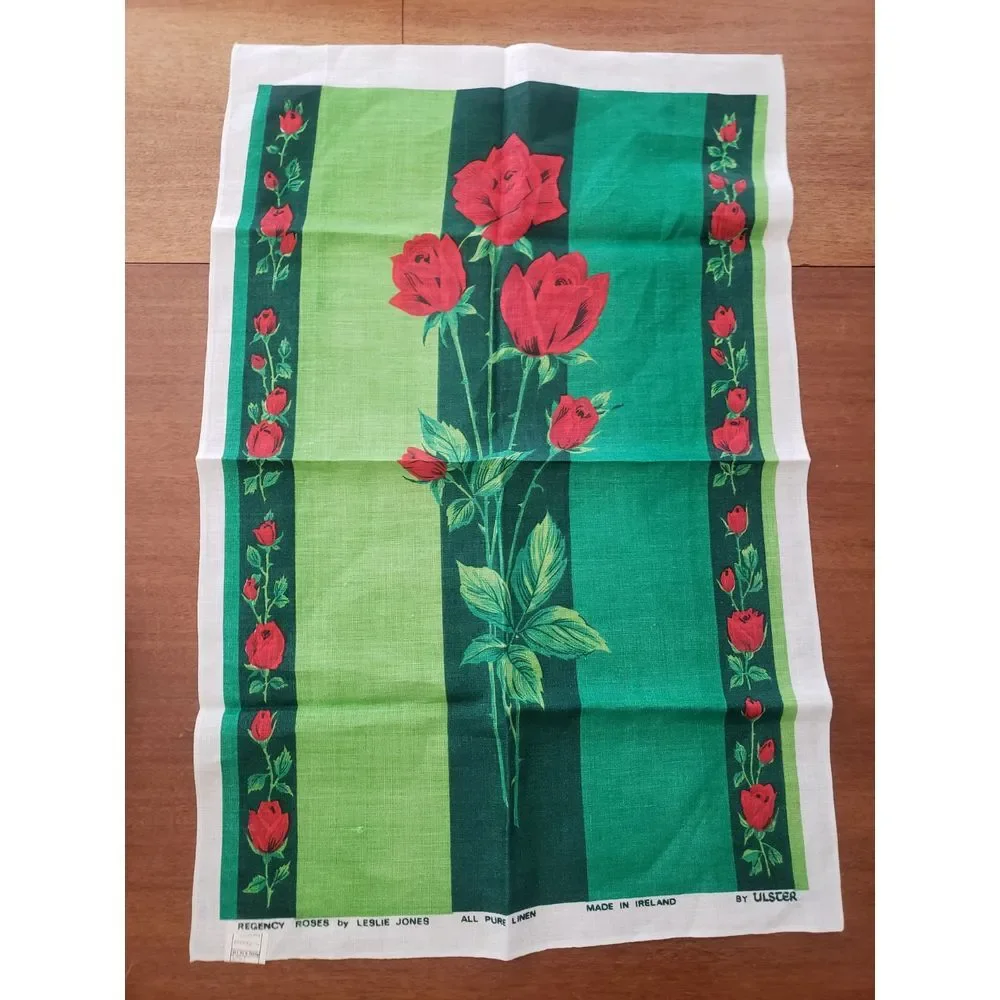 Vtg Ulster Linen Tea Towel‎ Regency Roses Made In Ireland Leslie Jones Red Green